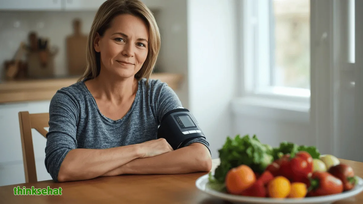Woman-using-a-BP-monitor-at-home-with-healthy-food-on-the-table-representing-lifestyle-management-for-hypertension